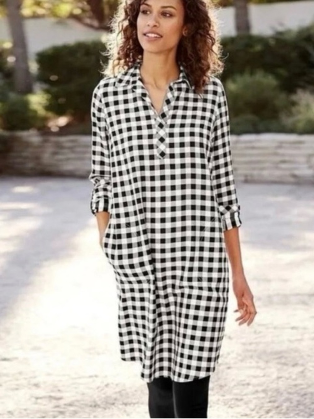 J. JILL Gingham Tunic Shirt Dress Roll Tab Sleeves Black/White Size Large - Picture 2 of 8